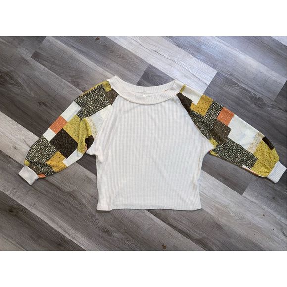 Anthropologie Lazy Sundays Boho Balloon Sleeve Waffle Knit Sweater, Size Medium - Picture 1 of 8